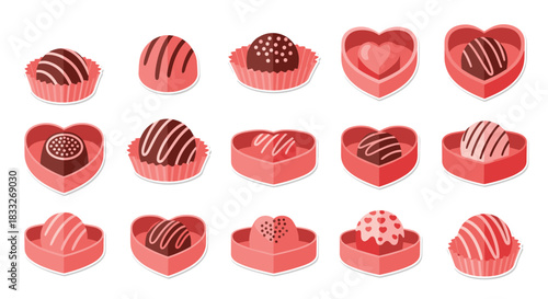 Romantic collection of chocolate truffle stickers, some individually wrapped and others presented in pink heart-shaped boxes.