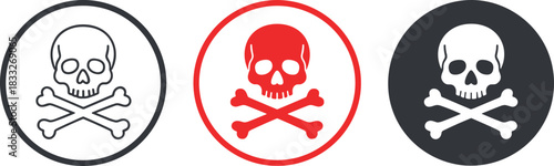 Skull danger, warning, poison, skull, crossbones,  and crossbones danger poison warning signs set on isolated white background icon