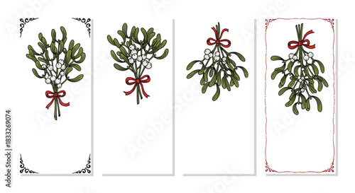 Set of four vintage greeting card designs with hand-drawn mistletoe bunches tied with elegant red ribbons for Christmas.