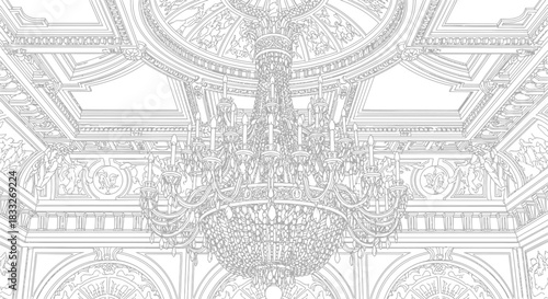 Ornate chandelier hangs beneath a highly decorated ceiling in a grand ballroom