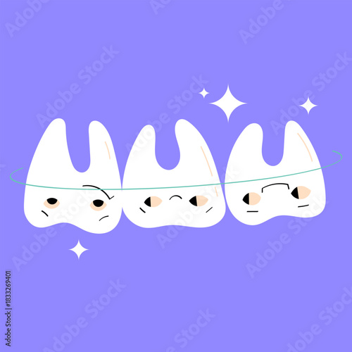 Cute vector illustration of three happy teeth characters with sparkling accents. Perfect for dental clinic materials, orthodontic posters, hygiene education, and children’s oral care designs