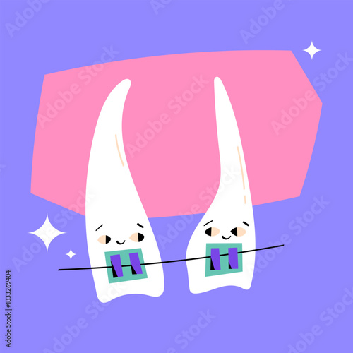 Cute vector illustration of two teeth with braces, perfect for orthodontic posters, dental clinic materials, children’s education, hygiene tips, and oral care designs