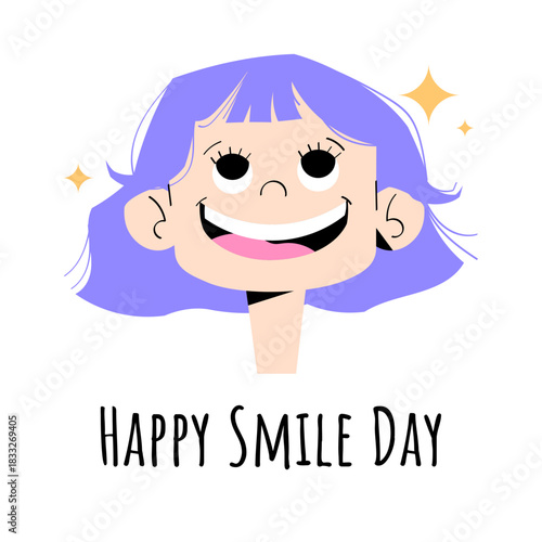 Bright vector illustration with a smiling girl and Happy Smile Day lettering. Perfect for dental posters, greeting cards, clinic promotions, children’s materials, and oral care campaigns