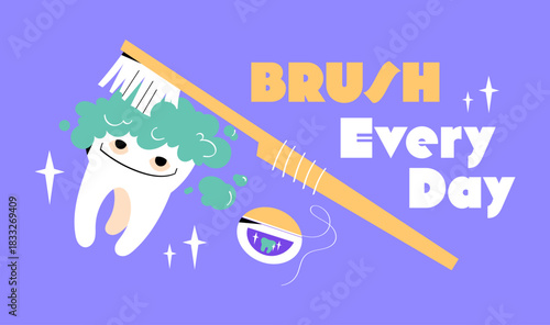 Bright dental care banner with cute tooth character, toothbrush, foam, floss, and “Brush Every Day” text. Fun hygiene design for dentistry, kids care, posters, and education