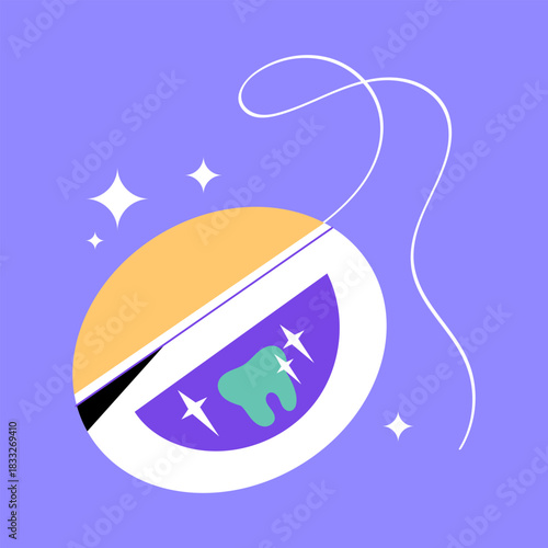 Bright vector illustration of dental floss with a clean tooth icon. Perfect for oral hygiene materials, dental care guides, clinic promotions, and educational content about healthy teeth