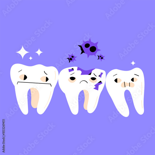 Cute cartoon illustration of three sad damaged teeth attacked by bacteria. Perfect for dental care education, oral health materials, clinic promotions, and medical presentations