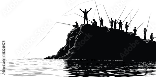 Fishing silhouette, rocky outcrop, group activity, outdoor adventure, water reflection, black vector, fishing rods, nature scene, triumph pose, peaceful moment