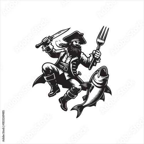 Monochrome pirate chef wrestling a fish, holding a knife and fork, a striking vector illustration logo design
