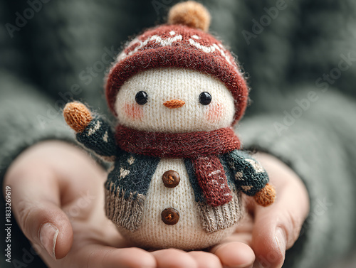 a small, knitted snowman toy held in someone's hand. The snowman is wearing a red and white striped hat, a red scarf, and red mittens. It has a carrot nose and is holding a small bundle of branches.