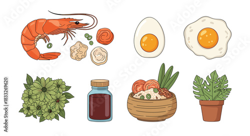 A colorful illustration depicting a vibrant nasi lemak breakfast spread with shrimp, fried eggs, rice, and decorative plants, showcasing traditional Malaysian cuisine.