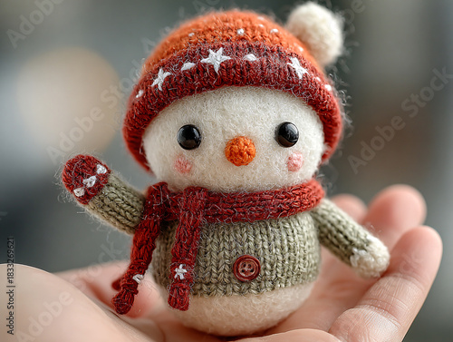 a small, knitted snowman toy held in someone's hand. The snowman is wearing a red and white striped hat, a red scarf, and red mittens. It has a carrot nose and is holding a small bundle of branches.