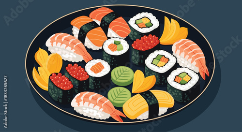 A beautifully arranged platter of assorted sushi, including nigiri, maki, and rolls, garnished with ginger and vibrant roe, presented on a dark plate.