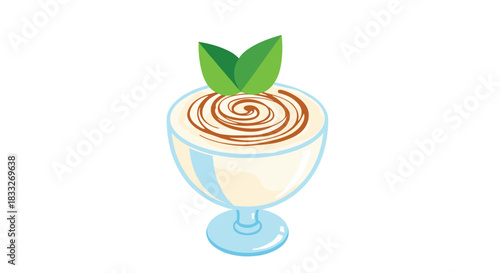 A beautifully presented dessert featuring a creamy vanilla custard swirled with chocolate and garnished with fresh mint leaves in a glass bowl.