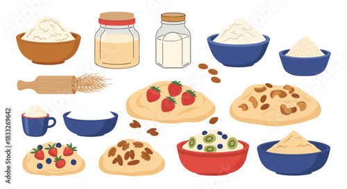 A colorful collection of breakfast ingredients and prepared oatmeal dishes with various toppings, including fruits and nuts, displayed on a white background.