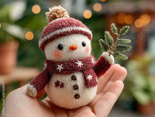 a small, knitted snowman toy held in someone's hand. The snowman is wearing a red and white striped hat, a red scarf, and red mittens. It has a carrot nose and is holding a small bundle of branches.
