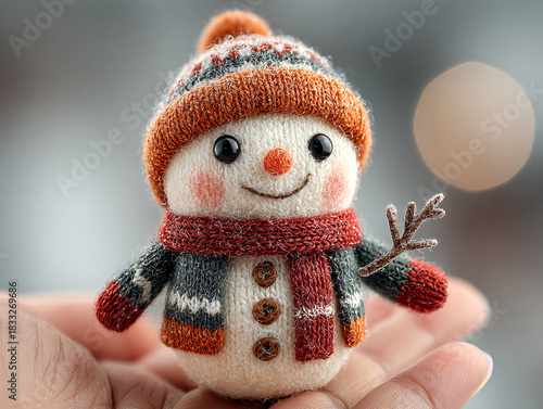 a small, knitted snowman toy held in someone's hand. The snowman is wearing a red and white striped hat, a red scarf, and red mittens. It has a carrot nose and is holding a small bundle of branches.