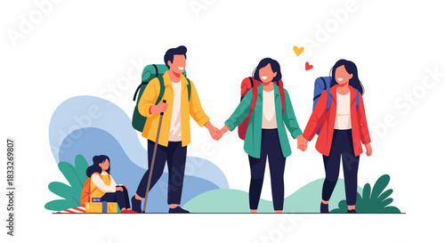 A cheerful group of friends enjoys a hiking adventure together, holding hands and smiling as one person rests on a picnic blanket.