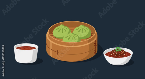 A steaming basket of vibrant green dumplings accompanied by dipping sauces, showcasing a delicious and traditional Asian cuisine experience.