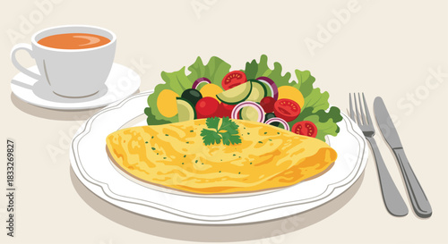 A delicious breakfast spread featuring a golden omelet, fresh salad, and a comforting cup of tea, presented on a clean white table setting.