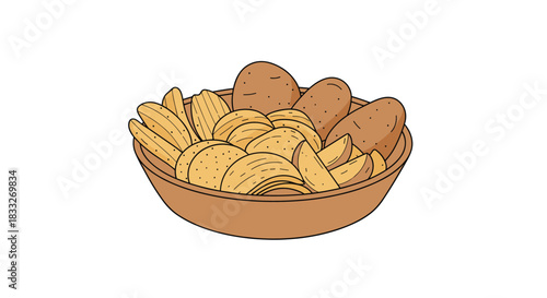 A colorful cartoon illustration depicts a bowl overflowing with a variety of potato preparations, including whole potatoes, french fries, and potato chips.