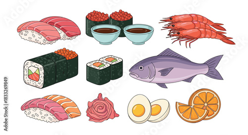 A colorful assortment of Japanese cuisine including sushi, seafood, and traditional accompaniments, presented in a vibrant illustration.