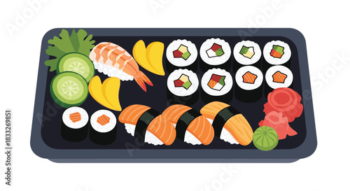 A colorful assortment of traditional Japanese sushi, including nigiri, maki, and sashimi, beautifully arranged on a black tray with garnishes.