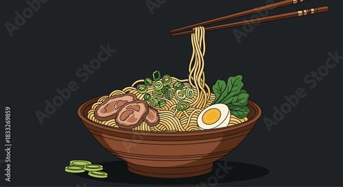 A delicious bowl of ramen noodles with sliced pork, a soft-boiled egg, and fresh green onions, presented in a rustic wooden bowl.