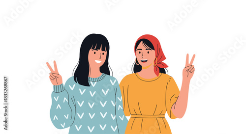 Two cheerful young women are making peace signs with their hands, showcasing friendship and positivity in a modern illustration style.