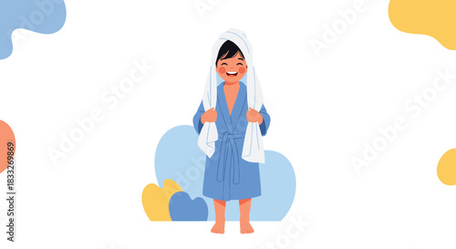 A cheerful young girl stands wrapped in a towel and wearing a blue bathrobe after a bath or shower, radiating happiness and cleanliness.