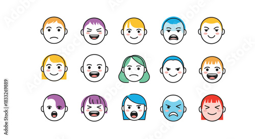 Diverse collection of cartoon faces displaying a wide range of human emotions, including happiness, sadness, anger, and surprise, in a colorful style.