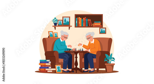 Two senior women enjoy a friendly game of chess in a cozy living room setting, showcasing companionship and leisure activities for older adults.