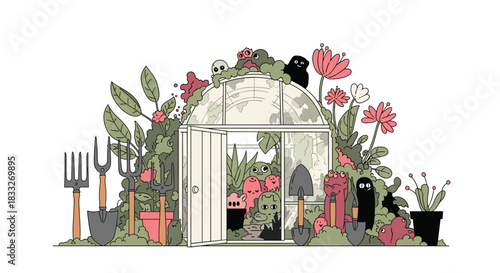 A whimsical illustration depicts a greenhouse brimming with adorable, plant-like creatures and gardening tools, creating a charming and fantastical garden scene.