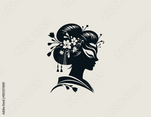 Elegant black silhouette of a beautiful Asian woman wearing a detailed decorative mask. Traditional fashion concept