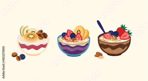 A colorful arrangement of three breakfast bowls featuring yogurt, granola, and fresh fruit toppings like berries, kiwi, and peaches, presented on a light background.