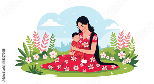 A loving mother sits outdoors with her baby, enjoying a peaceful moment surrounded by flowers and a scenic cityscape in the background.