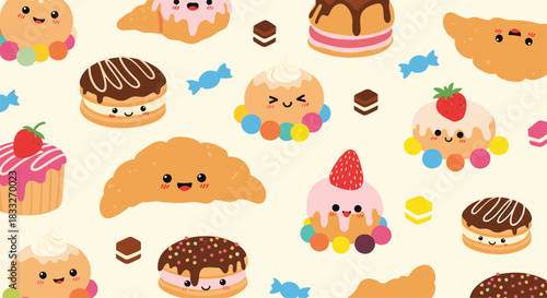 A delightful pattern of cute, smiling pastries and sweets including croissants, cupcakes, macarons, and candies on a pale background.
