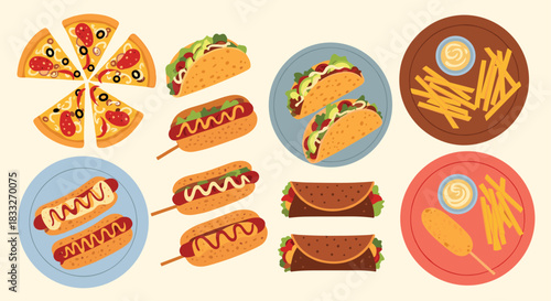 A colorful flat lay illustration showcasing a variety of popular fast food items including pizza, tacos, hot dogs, and french fries, perfect for food-related content.