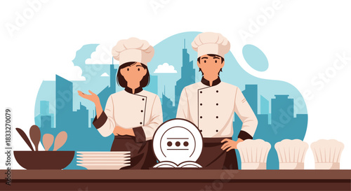 Two professional chefs stand behind a counter with cooking utensils and a cityscape backdrop, showcasing culinary expertise and teamwork in a modern kitchen environment.