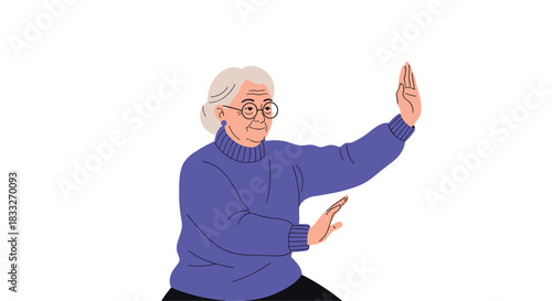 An elderly woman practices tai chi or qigong, demonstrating graceful movements with arms outstretched, promoting wellness and active aging.