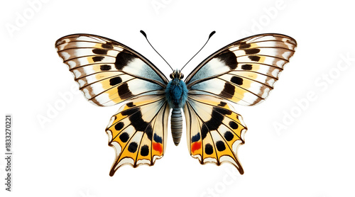 Delicate butterfly with open wings symmetrical displaying vibrant patterns in yellow, black, white, and blue colors on white background