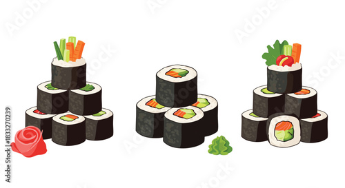Colorful stacks of maki sushi rolls with salmon, cucumber, and carrot garnish create an appealing Japanese food presentation for culinary arts or dining concepts.