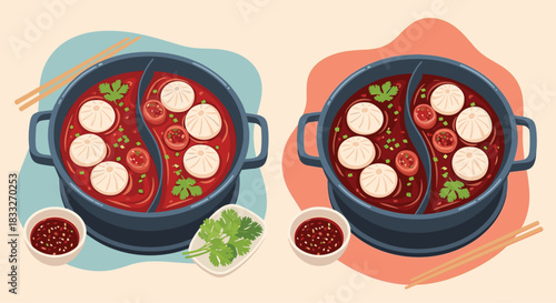 A vibrant illustration of a yin-yang hot pot with dumplings and colorful garnishes, showcasing a delicious and popular asian cuisine experience.