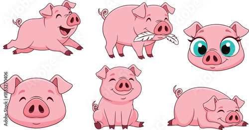 Cartoon pig character set in playful poses, cute farm animal expressions, cheerful piglet design for kids, flat vector illustration