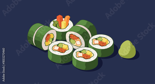 A colorful assortment of sushi rolls, including maki and nigiri, presented on a dark blue background, showcasing Japanese cuisine and fresh ingredients.