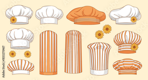 A colorful collection of various chef hats and cooking caps, including traditional toques and striped designs, with floral accents.