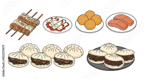 A colorful assortment of asian cuisine including skewers, spring rolls, croquettes, salmon, and steamed buns presented on plates and platters.