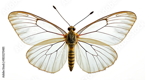 Glasswing butterfly with transparent wings and delicate veins spreads wings on white background, showcasing natural beauty and fragile elegance