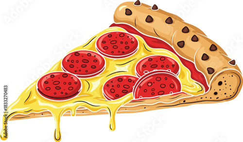 Cartoon slice of pepperoni pizza with melted cheese, chocolate chip crust, fun food concept, quirky snack, flat vector illustration