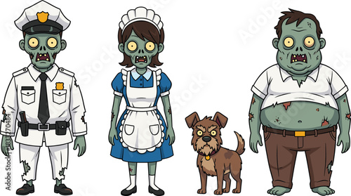 Cartoon zombie characters including police, maid, man, and dog, humorous undead group design, spooky theme, flat vector illustration