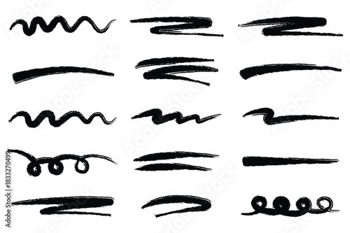 Abstract black marker and brush strokes set, hand drawn underline and scribble texture elements, grunge graffiti art lines and curves for modern graphic design on transparent background